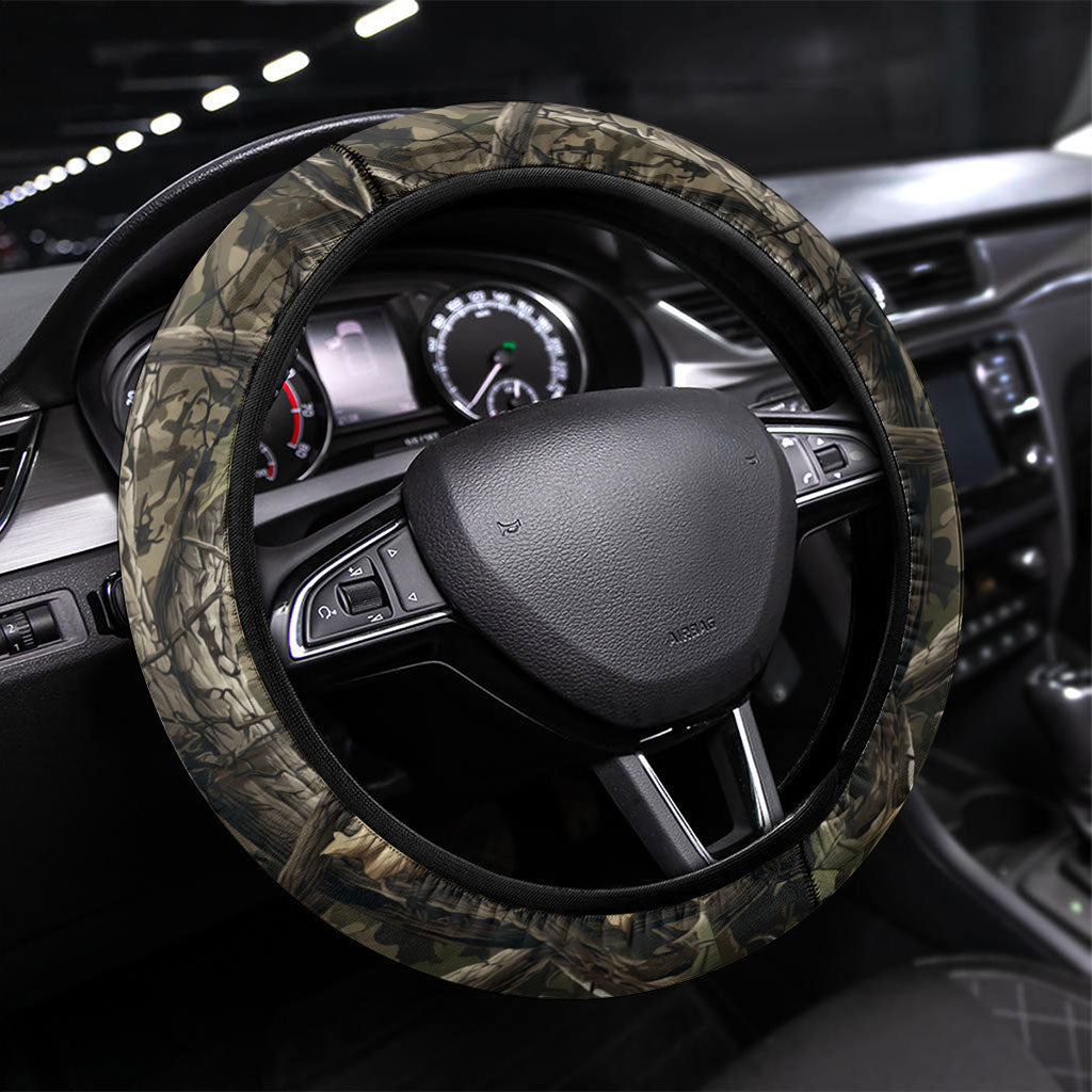 Deer Skull Hunting Steering Wheel Cover Camo Forest Grunge Buck Skull Crossed Rifles Target