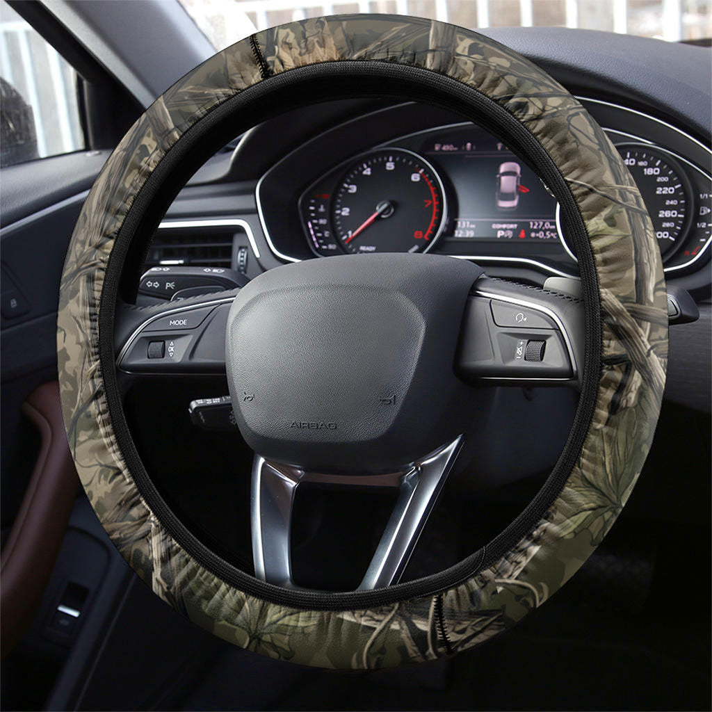 Deer Skull Hunting Steering Wheel Cover Camo Forest Grunge Buck Skull Crossed Rifles Target