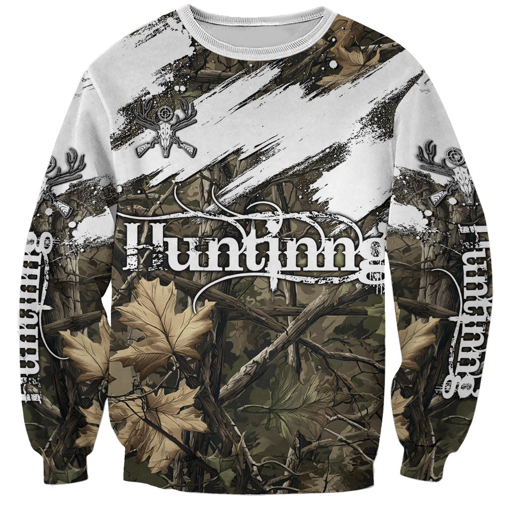 Deer Skull Hunting Sweatshirt Camo Forest Grunge Buck Skull Crossed Rifles Target