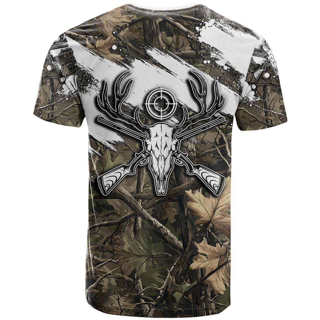 Deer Skull Hunting T Shirt Camo Forest Grunge Buck Skull Crossed Rifles Target
