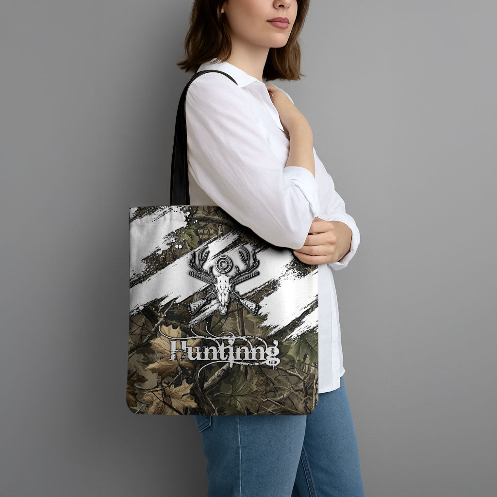 Deer Skull Hunting Tote Bag Camo Forest Grunge Buck Skull Crossed Rifles Target