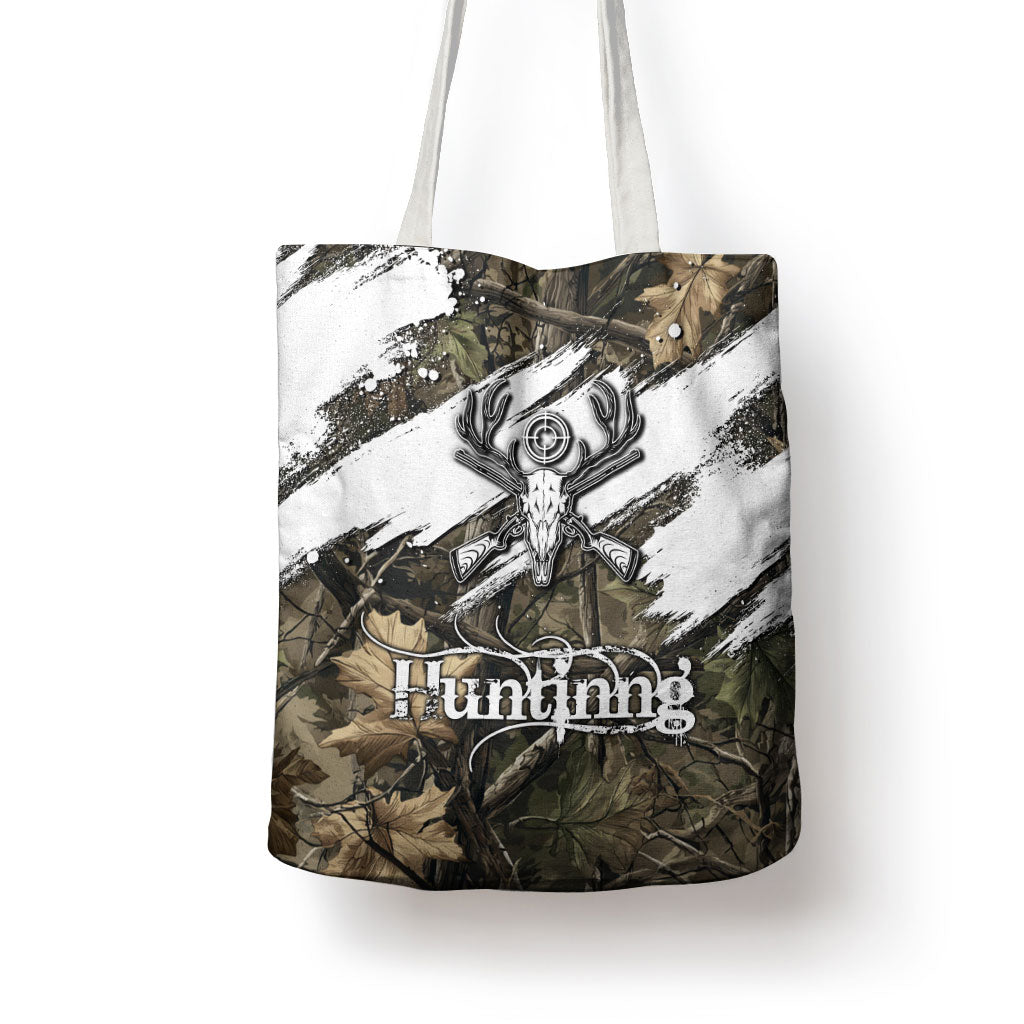 Deer Skull Hunting Tote Bag Camo Forest Grunge Buck Skull Crossed Rifles Target