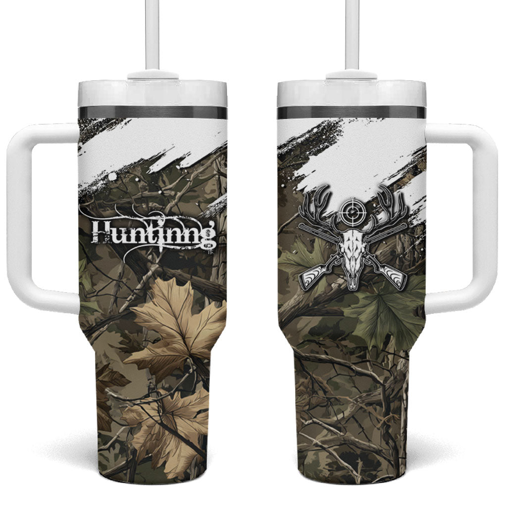 Deer Skull Hunting Tumbler With Handle Camo Forest Grunge Buck Skull Crossed Rifles Target