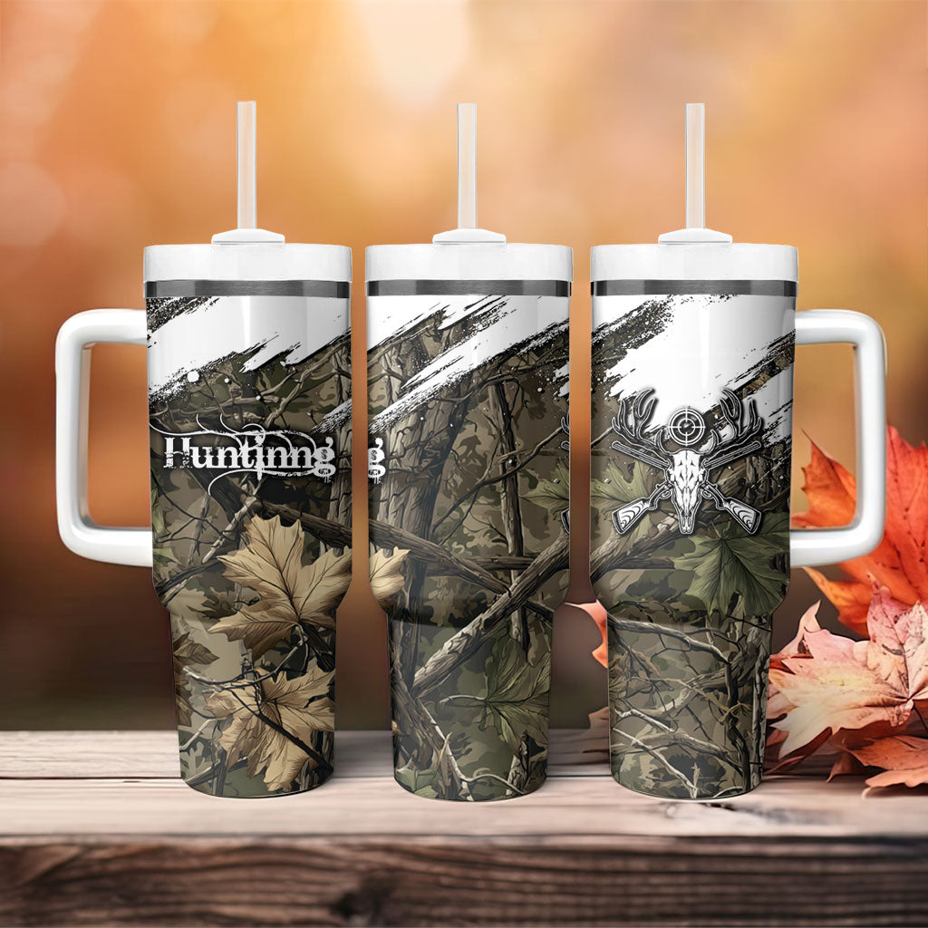 Deer Skull Hunting Tumbler With Handle Camo Forest Grunge Buck Skull Crossed Rifles Target