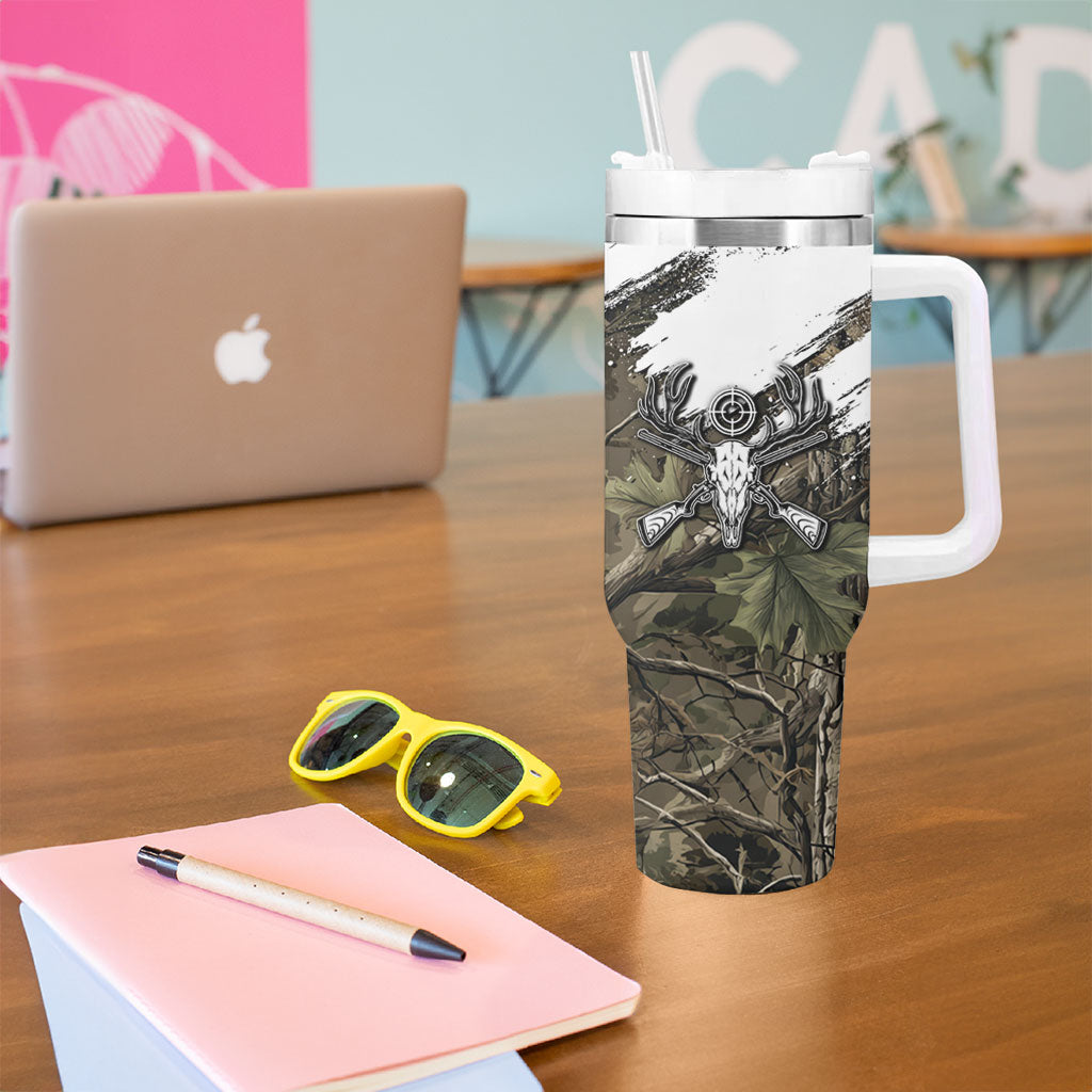 Deer Skull Hunting Tumbler With Handle Camo Forest Grunge Buck Skull Crossed Rifles Target