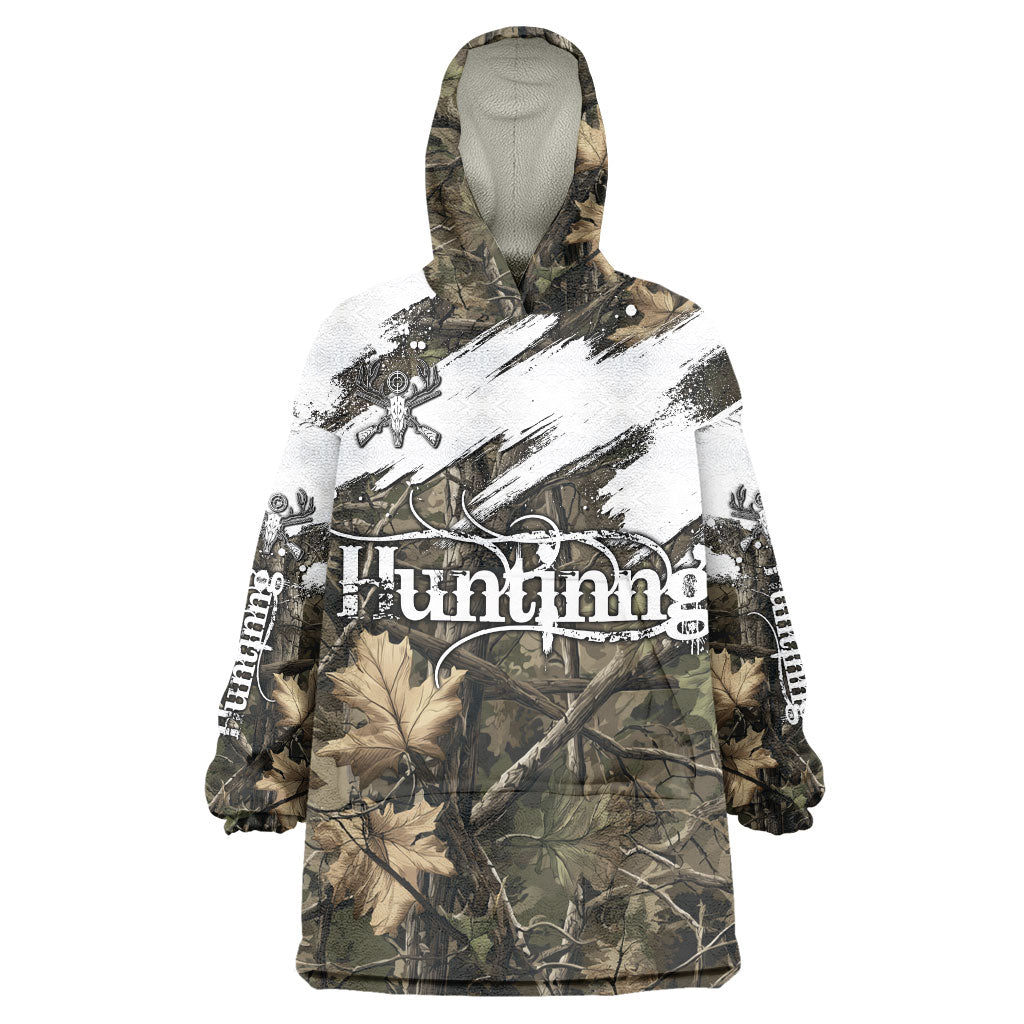 Deer Skull Hunting Wearable Blanket Hoodie Camo Forest Grunge Buck Skull Crossed Rifles Target