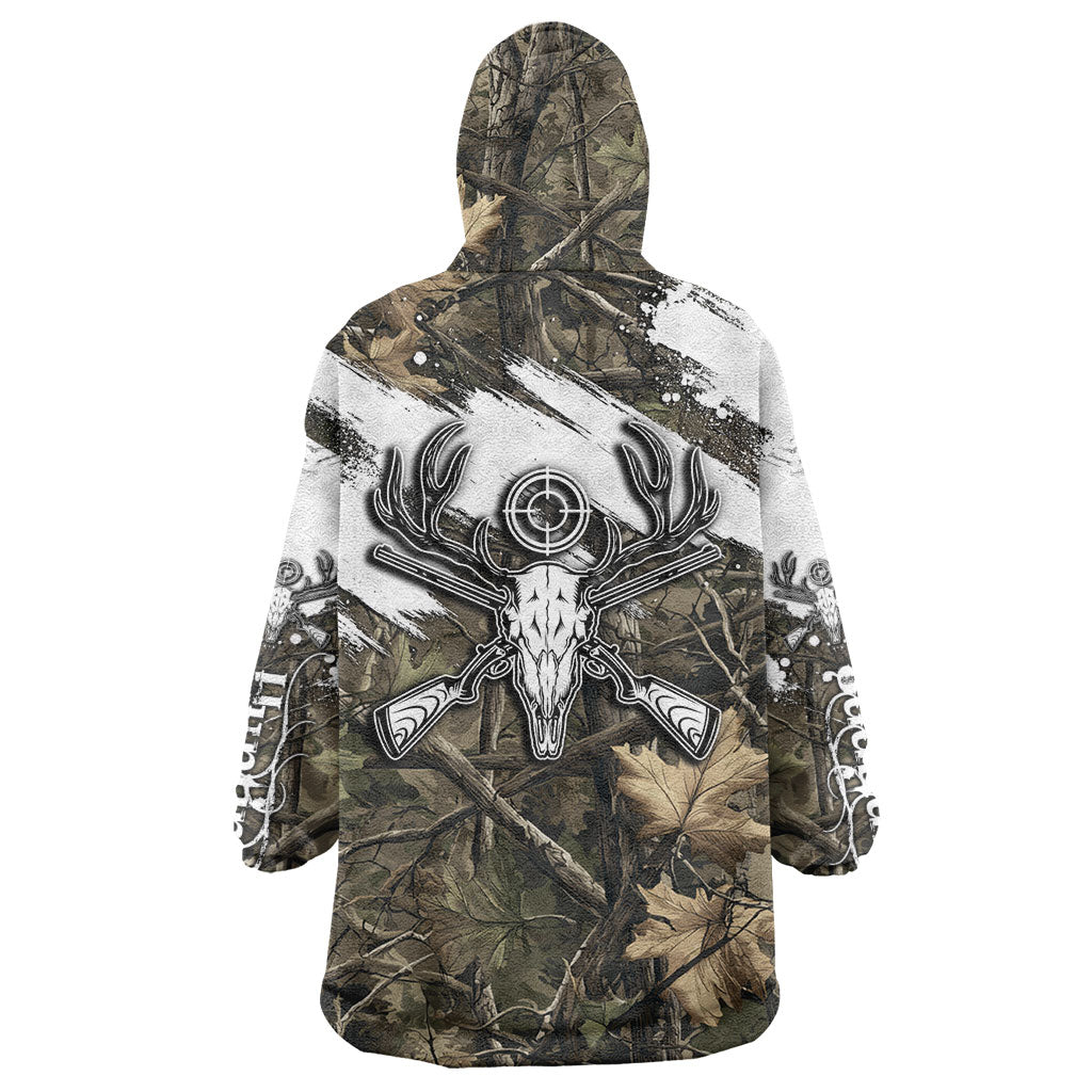 Deer Skull Hunting Wearable Blanket Hoodie Camo Forest Grunge Buck Skull Crossed Rifles Target