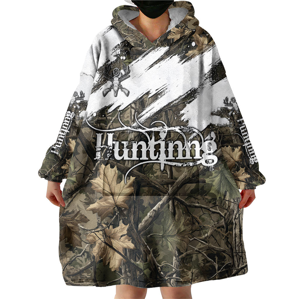 Deer Skull Hunting Wearable Blanket Hoodie Camo Forest Grunge Buck Skull Crossed Rifles Target