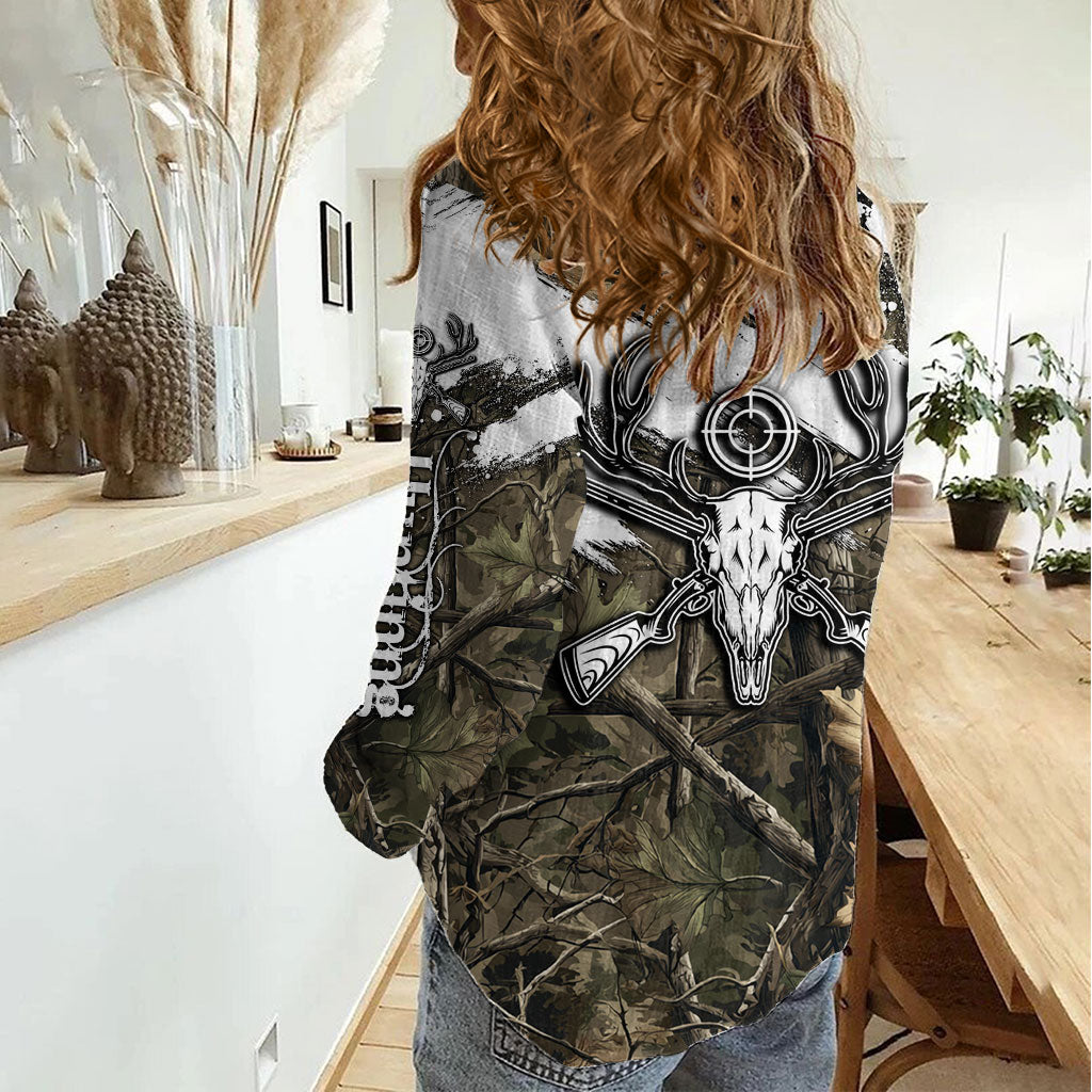 Deer Skull Hunting Women Casual Shirt Camo Forest Grunge Buck Skull Crossed Rifles Target