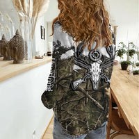 Deer Skull Hunting Women Casual Shirt Camo Forest Grunge Buck Skull Crossed Rifles Target