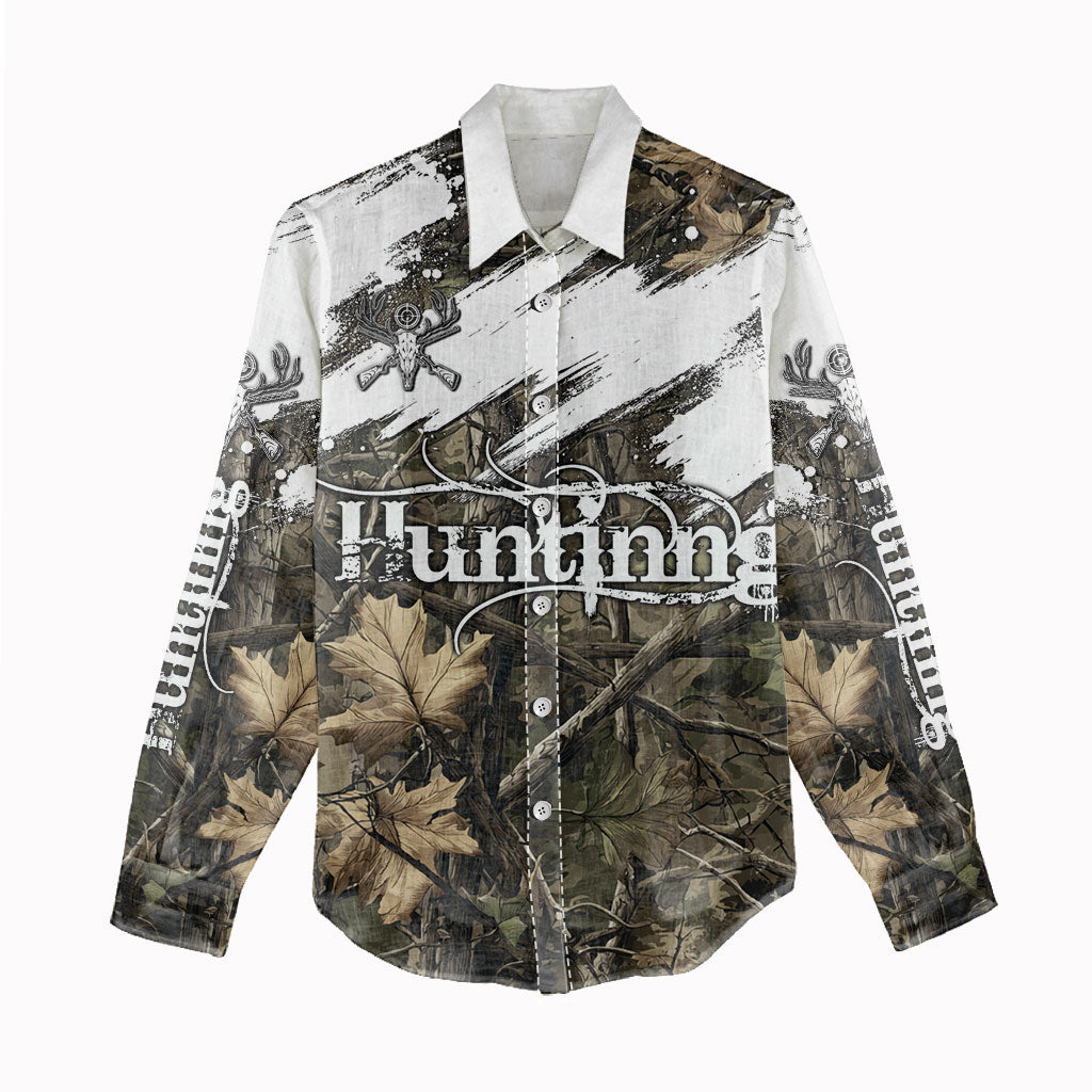 Deer Skull Hunting Women Casual Shirt Camo Forest Grunge Buck Skull Crossed Rifles Target