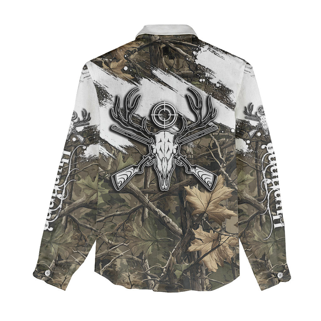 Deer Skull Hunting Women Casual Shirt Camo Forest Grunge Buck Skull Crossed Rifles Target