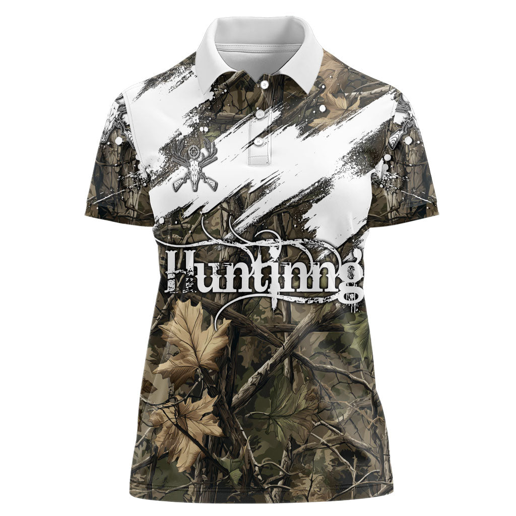 Deer Skull Hunting Women Polo Shirt Camo Forest Grunge Buck Skull Crossed Rifles Target