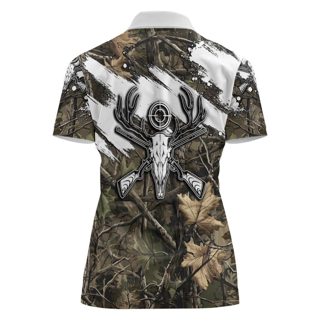 Deer Skull Hunting Women Polo Shirt Camo Forest Grunge Buck Skull Crossed Rifles Target