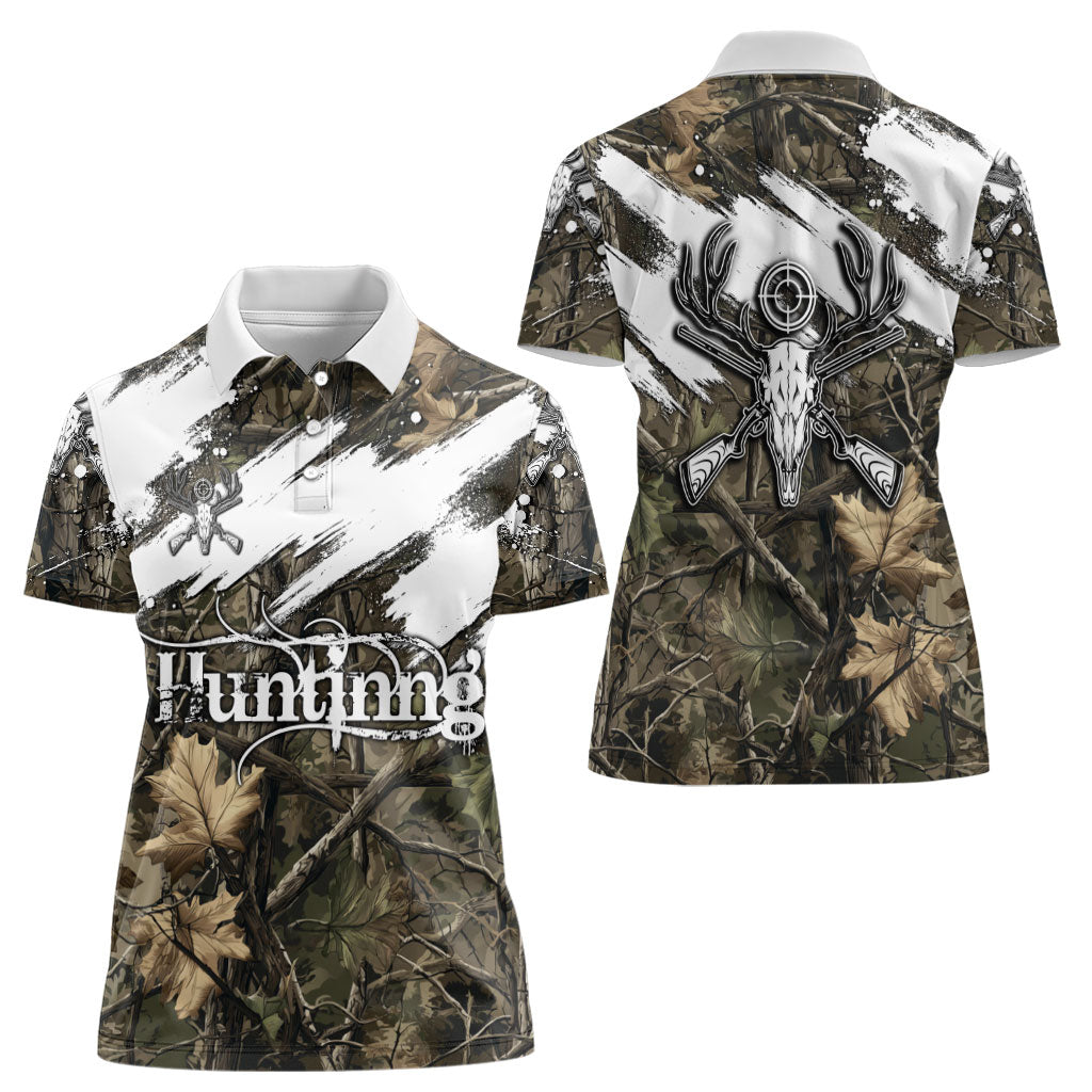 Deer Skull Hunting Women Polo Shirt Camo Forest Grunge Buck Skull Crossed Rifles Target