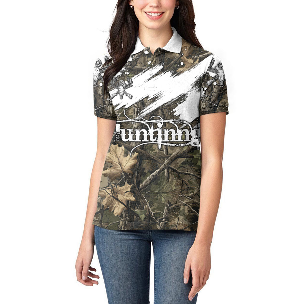 Deer Skull Hunting Women Polo Shirt Camo Forest Grunge Buck Skull Crossed Rifles Target
