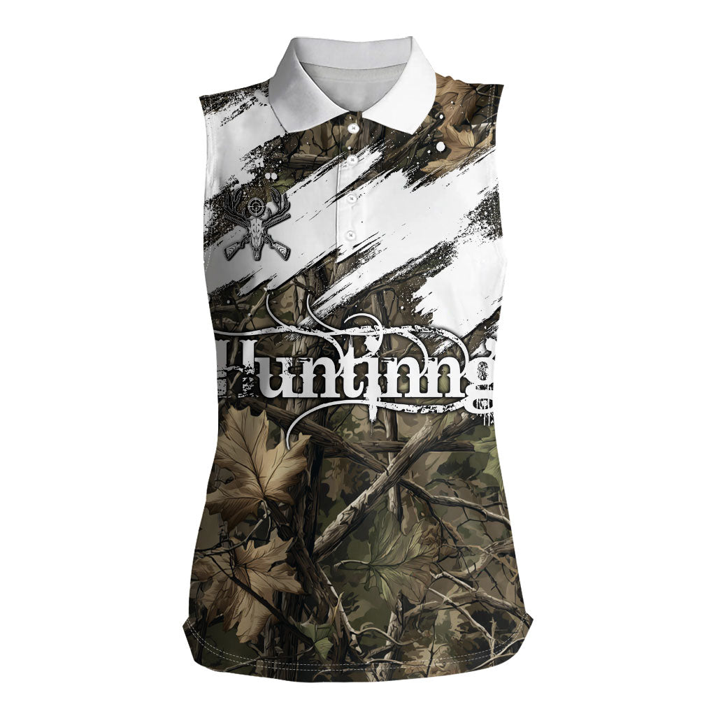 Deer Skull Hunting Women Sleeveless Polo Shirt Camo Forest Grunge Buck Skull Crossed Rifles Target