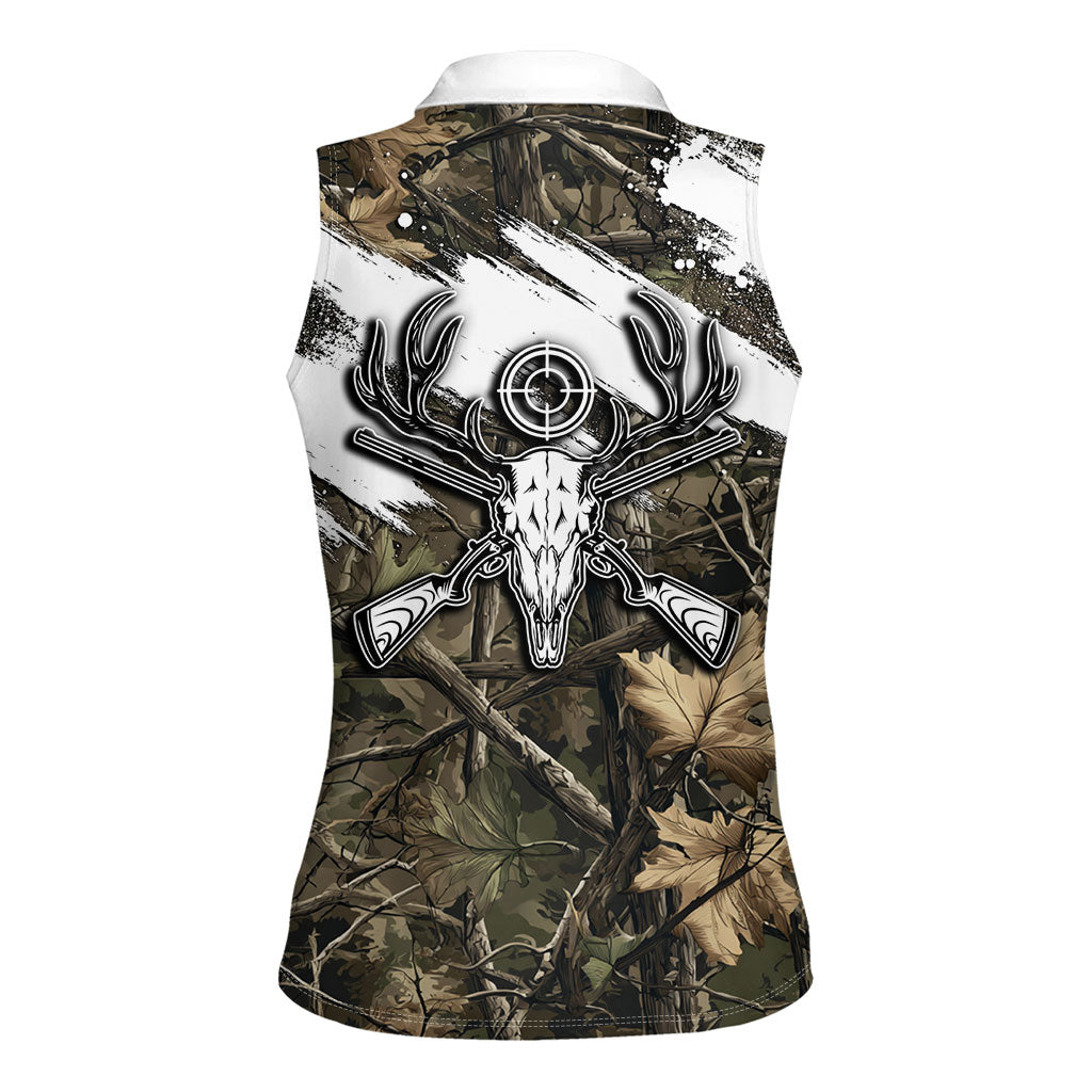 Deer Skull Hunting Women Sleeveless Polo Shirt Camo Forest Grunge Buck Skull Crossed Rifles Target
