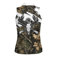 Deer Skull Hunting Women Sleeveless Polo Shirt Camo Forest Grunge Buck Skull Crossed Rifles Target