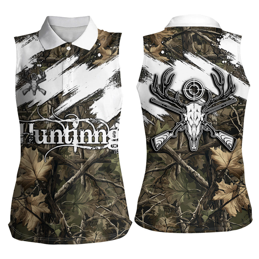 Deer Skull Hunting Women Sleeveless Polo Shirt Camo Forest Grunge Buck Skull Crossed Rifles Target