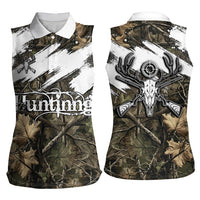 Deer Skull Hunting Women Sleeveless Polo Shirt Camo Forest Grunge Buck Skull Crossed Rifles Target