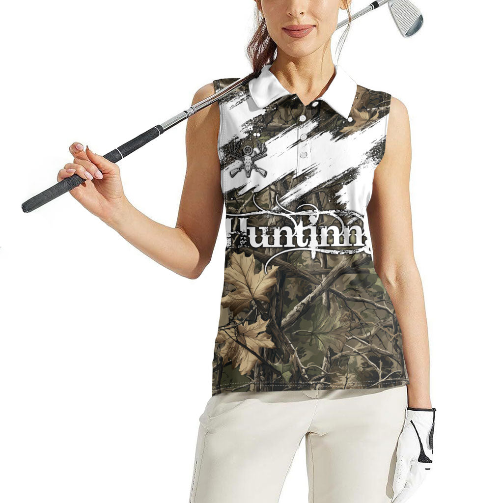 Deer Skull Hunting Women Sleeveless Polo Shirt Camo Forest Grunge Buck Skull Crossed Rifles Target