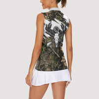 Deer Skull Hunting Women Sleeveless Polo Shirt Camo Forest Grunge Buck Skull Crossed Rifles Target