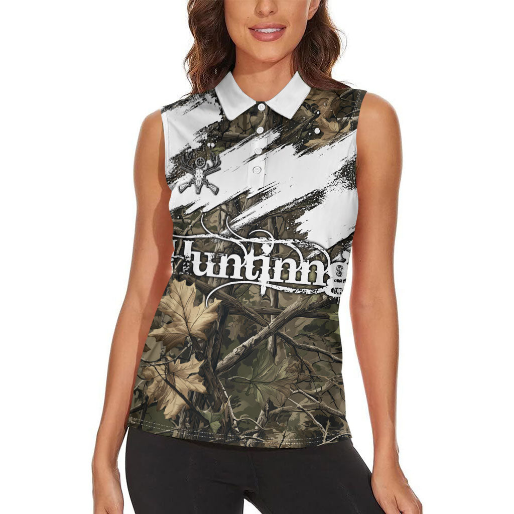 Deer Skull Hunting Women Sleeveless Polo Shirt Camo Forest Grunge Buck Skull Crossed Rifles Target