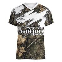 Deer Skull Hunting Women V-Neck T-Shirt Camo Forest Grunge Buck Skull Crossed Rifles Target