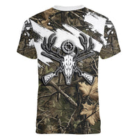 Deer Skull Hunting Women V-Neck T-Shirt Camo Forest Grunge Buck Skull Crossed Rifles Target
