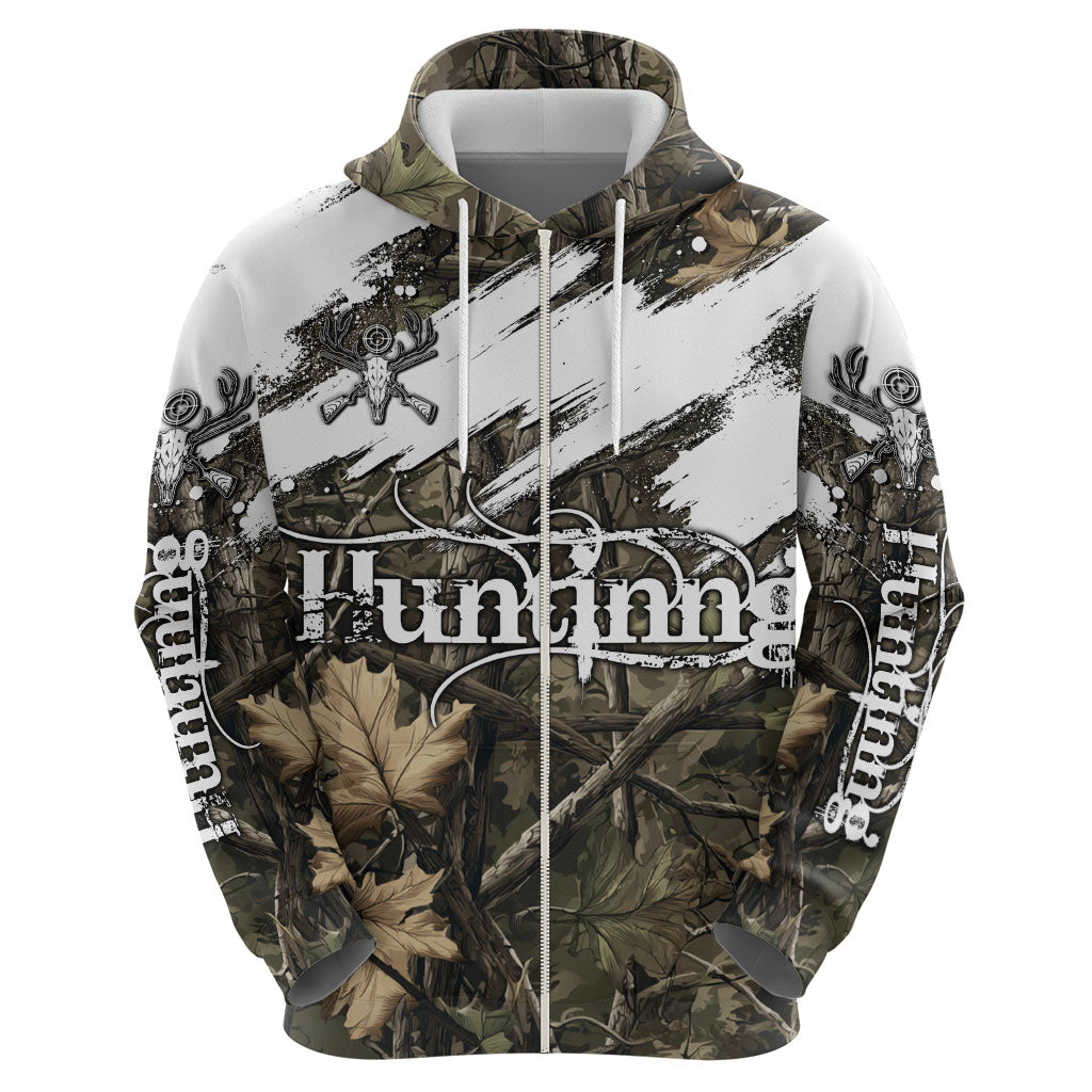 Deer Skull Hunting Zip Hoodie Camo Forest Grunge Buck Skull Crossed Rifles Target