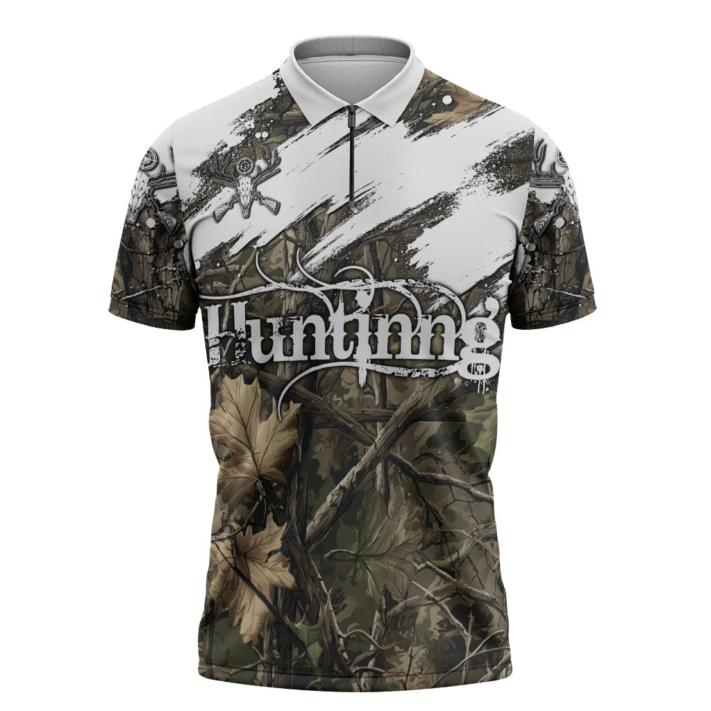 Deer Skull Hunting Zipper Polo Shirt Camo Forest Grunge Buck Skull Crossed Rifles Target
