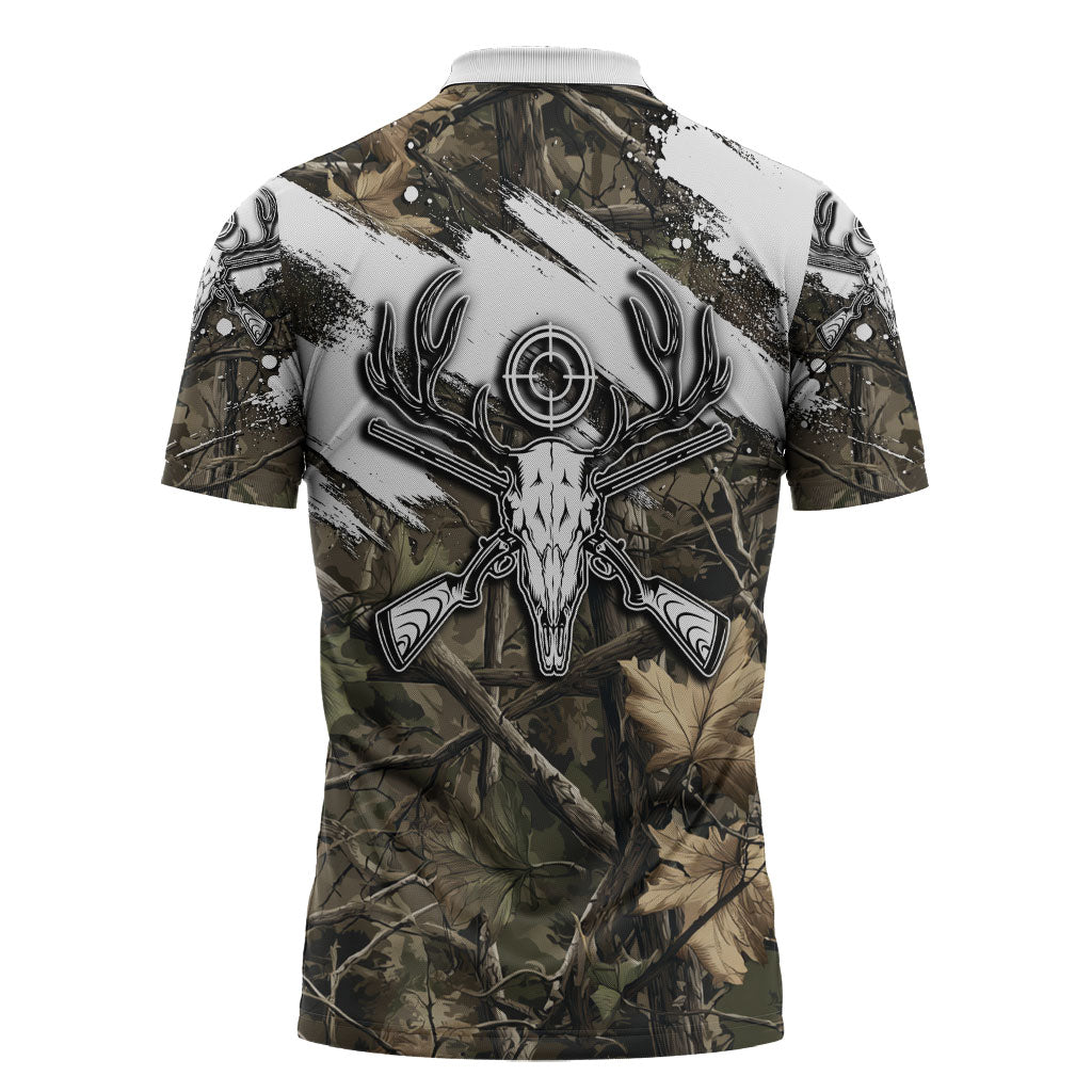 Deer Skull Hunting Zipper Polo Shirt Camo Forest Grunge Buck Skull Crossed Rifles Target