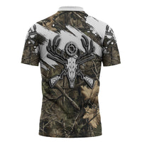 Deer Skull Hunting Zipper Polo Shirt Camo Forest Grunge Buck Skull Crossed Rifles Target