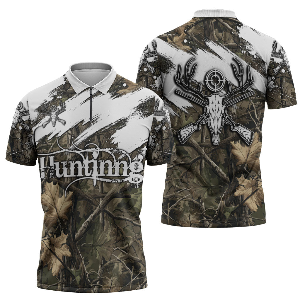 Deer Skull Hunting Zipper Polo Shirt Camo Forest Grunge Buck Skull Crossed Rifles Target