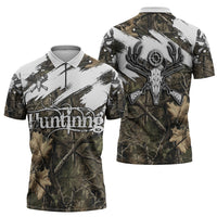 Deer Skull Hunting Zipper Polo Shirt Camo Forest Grunge Buck Skull Crossed Rifles Target