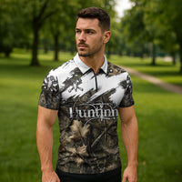 Deer Skull Hunting Zipper Polo Shirt Camo Forest Grunge Buck Skull Crossed Rifles Target
