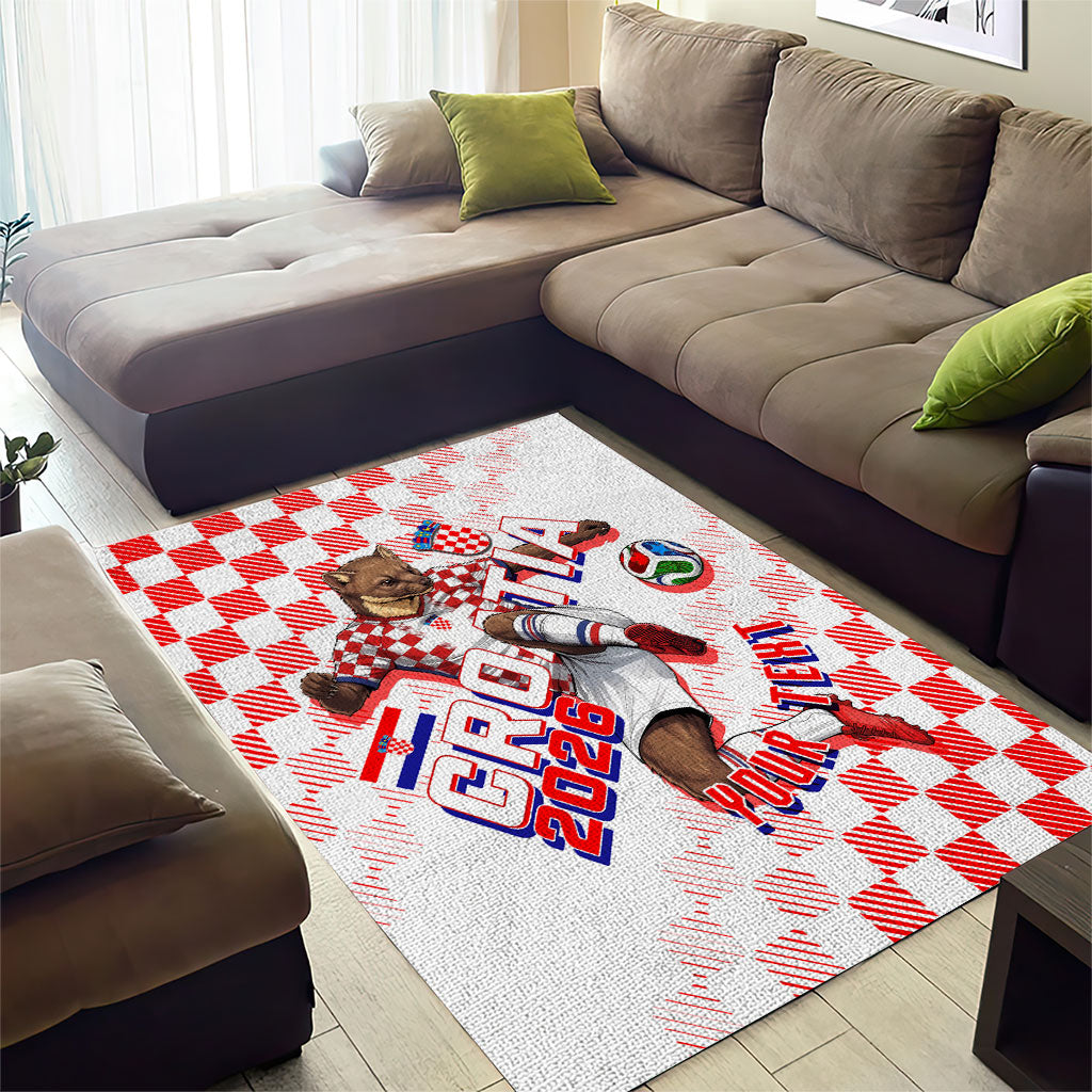 Personalized Croatia Soccer 2026 Area Rug Funa Zlatica Football Mascot - Sahovnica Croatian Checkerboard