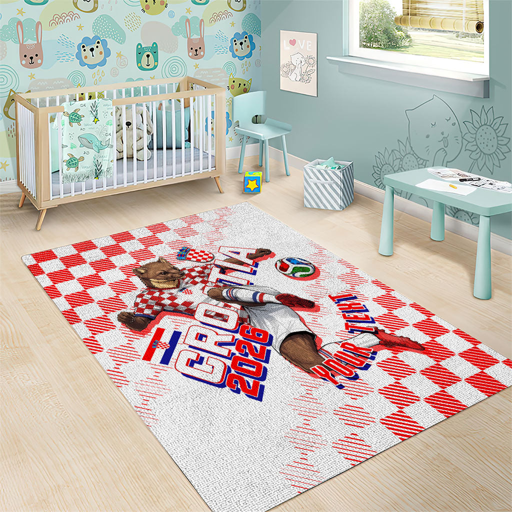 Personalized Croatia Soccer 2026 Area Rug Funa Zlatica Football Mascot - Sahovnica Croatian Checkerboard