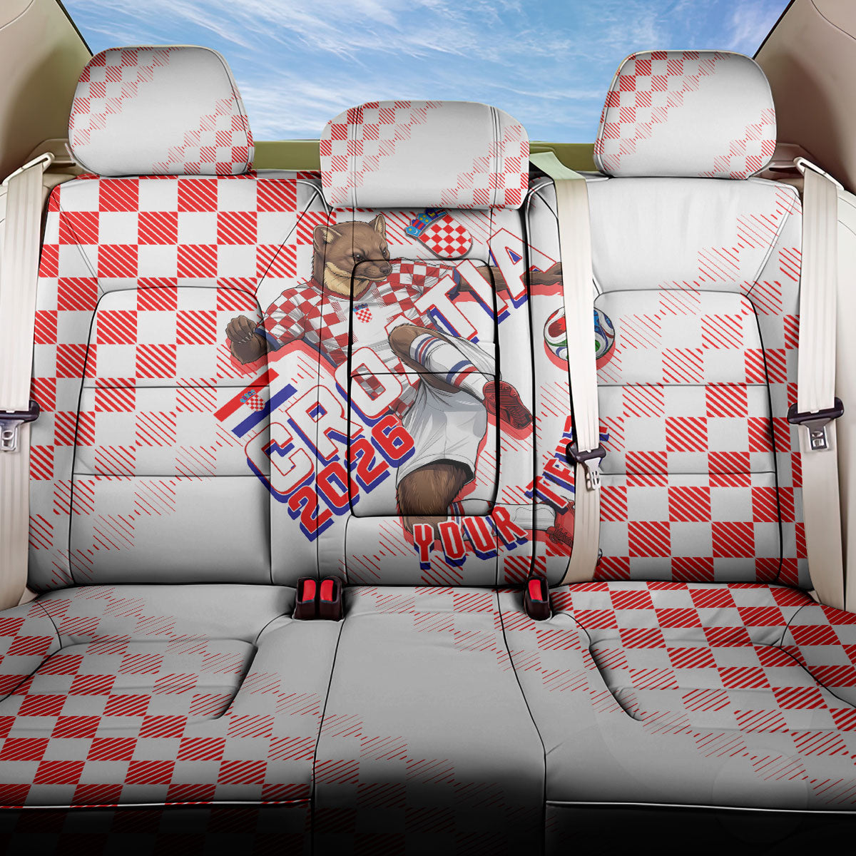 Personalized Croatia Soccer 2026 Back Car Seat Cover Funa Zlatica Football Mascot - Sahovnica Croatian Checkerboard