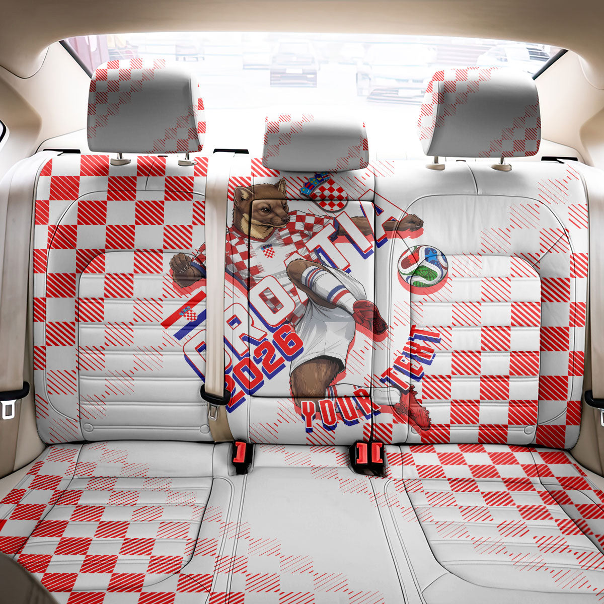 Personalized Croatia Soccer 2026 Back Car Seat Cover Funa Zlatica Football Mascot - Sahovnica Croatian Checkerboard