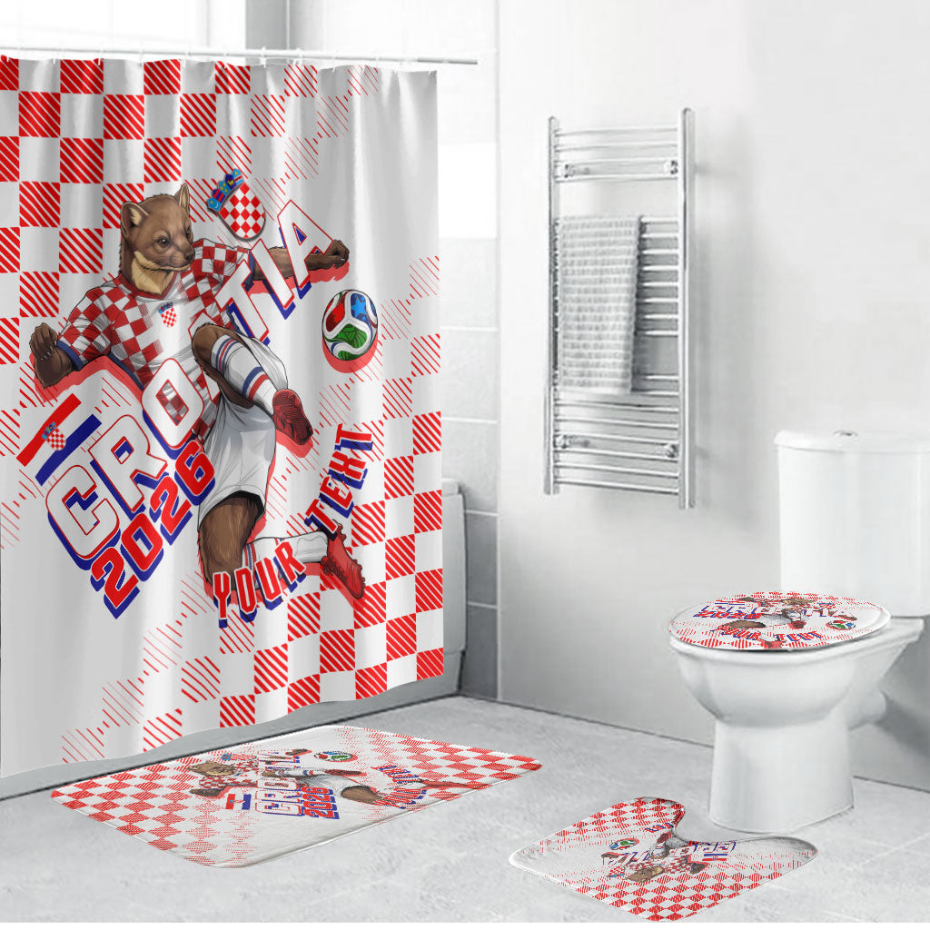 Personalized Croatia Soccer 2026 Bathroom Set Funa Zlatica Football Mascot - Sahovnica Croatian Checkerboard