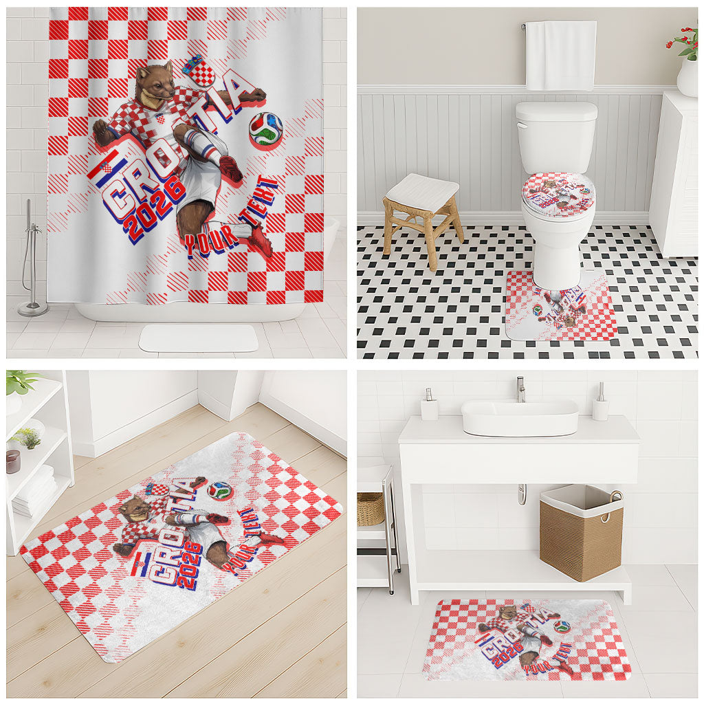 Personalized Croatia Soccer 2026 Bathroom Set Funa Zlatica Football Mascot - Sahovnica Croatian Checkerboard