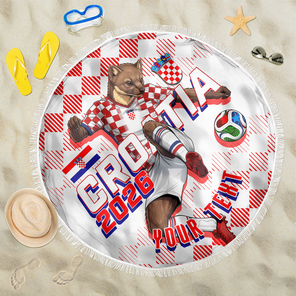 Personalized Croatia Soccer 2026 Beach Blanket Funa Zlatica Football Mascot - Sahovnica Croatian Checkerboard