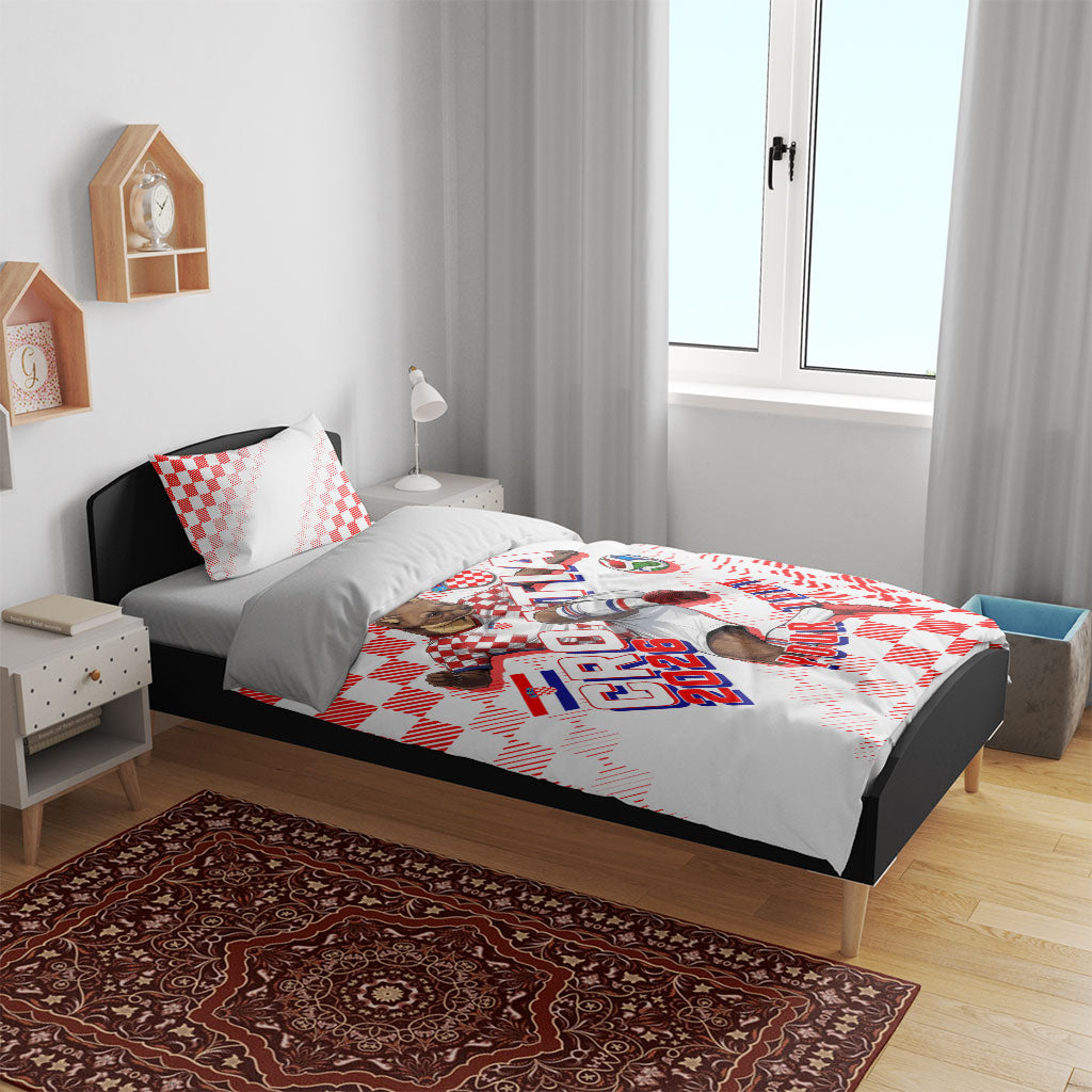 Personalized Croatia Soccer 2026 Bedding Set Funa Zlatica Football Mascot - Sahovnica Croatian Checkerboard