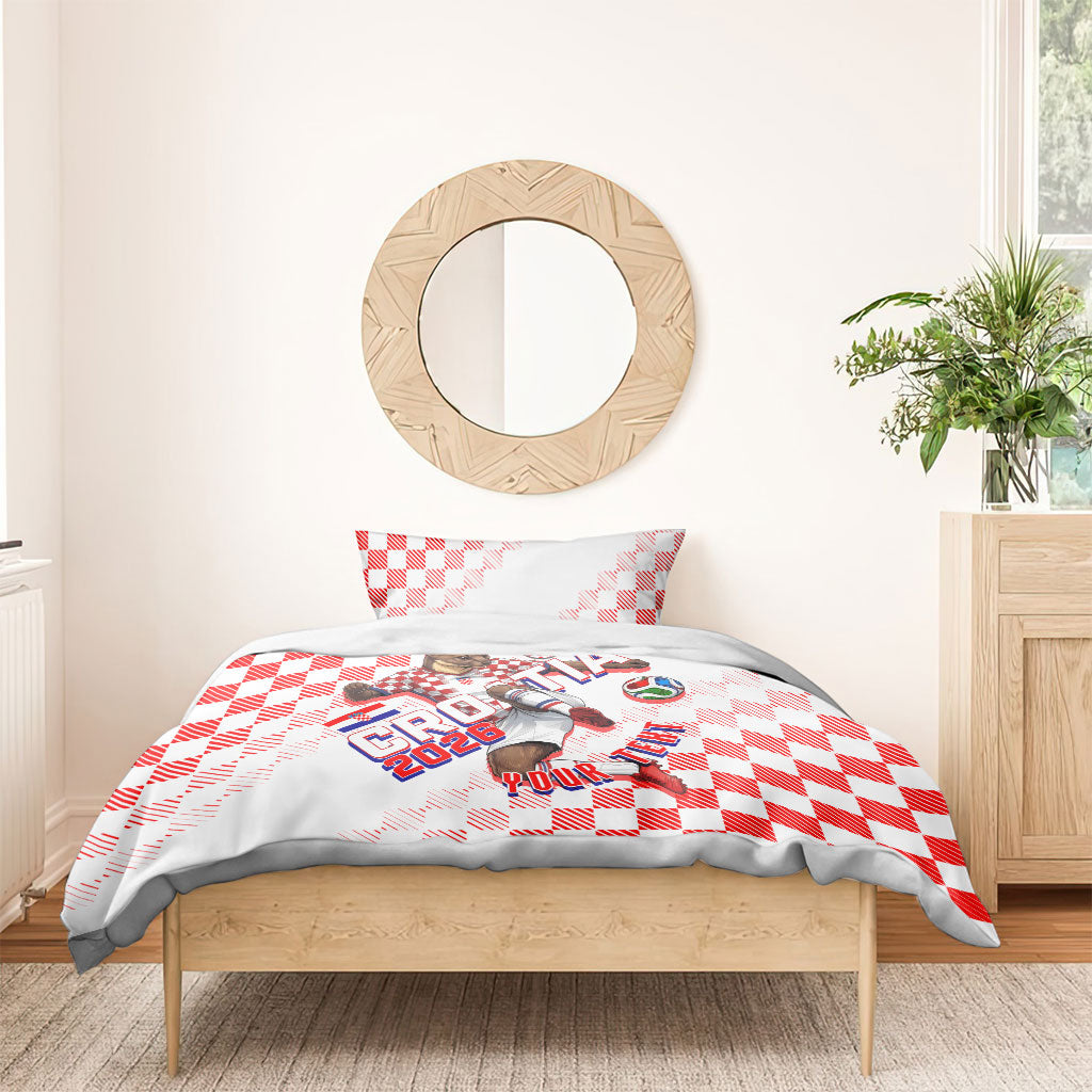 Personalized Croatia Soccer 2026 Bedding Set Funa Zlatica Football Mascot - Sahovnica Croatian Checkerboard