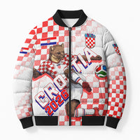 Personalized Croatia Soccer 2026 Bomber Puffer Jacket Funa Zlatica Football Mascot - Sahovnica Croatian Checkerboard