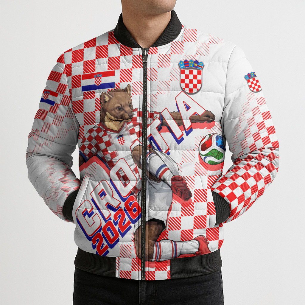 Personalized Croatia Soccer 2026 Bomber Puffer Jacket Funa Zlatica Football Mascot - Sahovnica Croatian Checkerboard