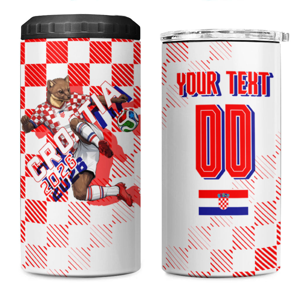 Personalized Croatia Soccer 2026 4 in 1 Can Cooler Tumbler Funa Zlatica Football Mascot - Sahovnica Croatian Checkerboard