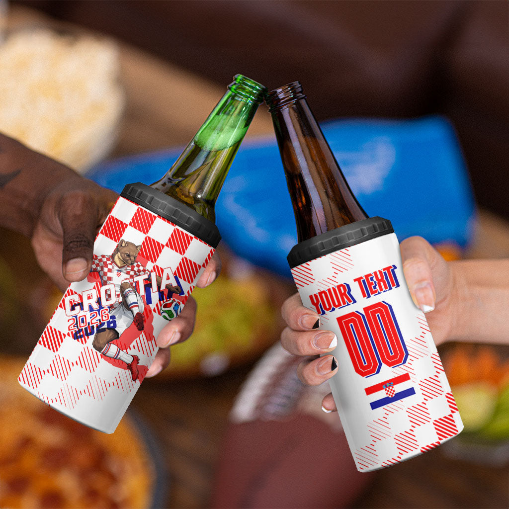 Personalized Croatia Soccer 2026 4 in 1 Can Cooler Tumbler Funa Zlatica Football Mascot - Sahovnica Croatian Checkerboard
